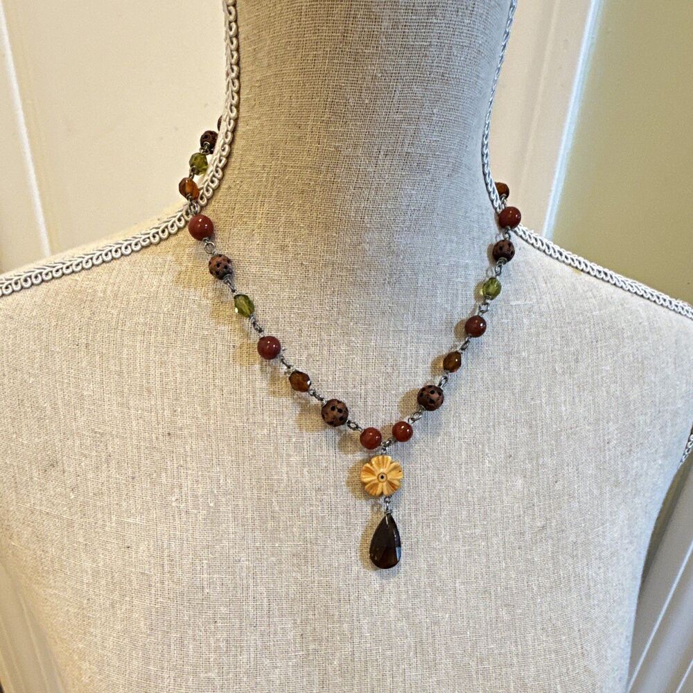 BROWN GREEN BEADED FLOWER CHARM PENDANT NECKLACE CABLE CHAIN 16IN ADJ